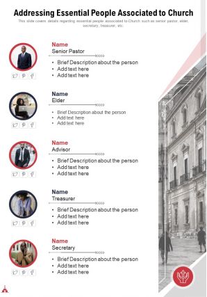 One page addressing essential people associated to church presentation report infographic ppt pdf document