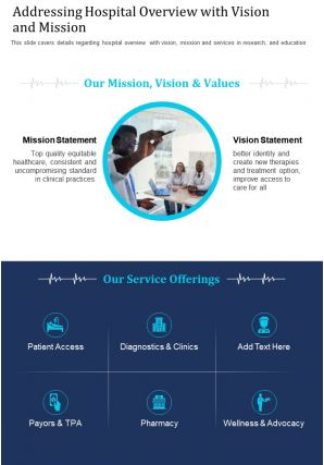 One page addressing hospital overview with vision and mission report infographic ppt pdf document