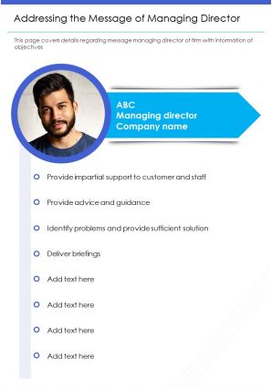 One page addressing the message of managing director presentation report infographic ppt pdf document