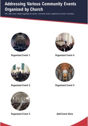 One page addressing various community events organized by church report infographic ppt pdf document