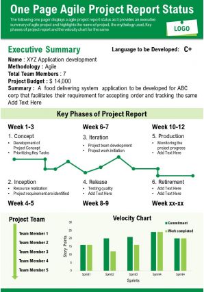 One page agile project report status presentation report infographic ppt pdf document