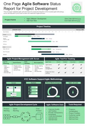 One Page Agile Software Status Report For Project Development Presentation Infographic PPT PDF Document