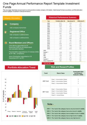 One page annual performance report template investment funds report infographic ppt pdf document
