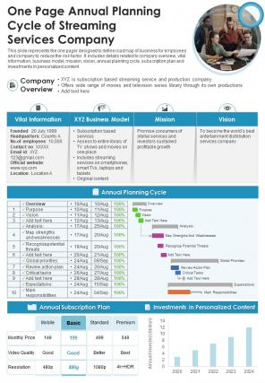 One Page Annual Planning Cycle Of Streaming Services Company Presentation Report Infographic PPT PDF Document
