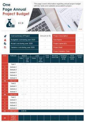 One page annual project budget presentation report infographic ppt pdf document