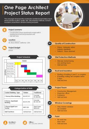 One page architect project status report presentation infographic ppt pdf document