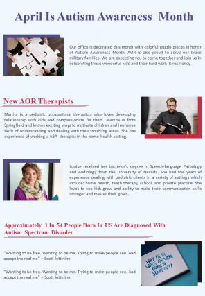 One Page Autism Newsletter Bifold Presentation Report Infographic PPT PDF Document