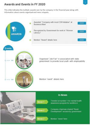 One page awards and events in fy 2020 template 314 presentation report infographic ppt pdf document
