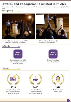 One page awards and recognition felicitated in fy 2020 template 413 report infographic ppt pdf document