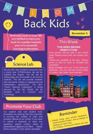 One Page Back To School Newsletter Presentation Report Infographic Ppt Pdf Document