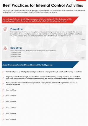 One page best practices for internal control activities presentation report infographic ppt pdf document