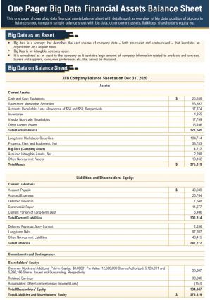 One page big data financial balance sheet presentation report infographic ppt pdf document