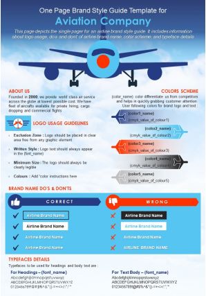 One page brand style guide template for aviation company presentation report infographic ppt pdf document