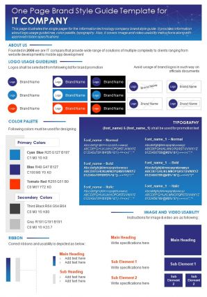 One page brand style guide template for it company presentation report infographic ppt pdf document
