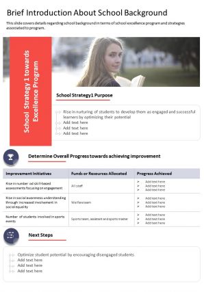One page brief introduction about school background presentation report infographic ppt pdf document