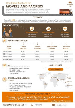 One page brochure for movers and packers presentation report infographic ppt pdf document
