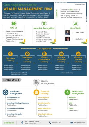 One page brochure for wealth management firm presentation report infographic ppt pdf document