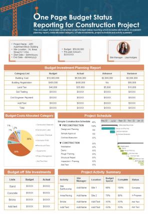 One Page Budget Status Reporting For Construction Project Presentation Report Infographic Ppt Pdf Document