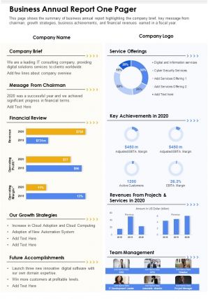 One Page Business Annual Report One Pager Presentation Report Infographic Ppt Pdf Document