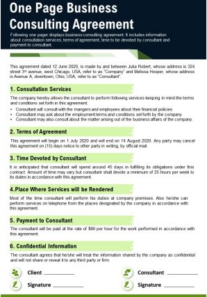 One page business consulting agreement presentation report infographic ppt pdf document