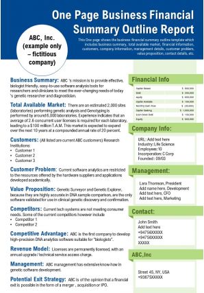 One page business financial summary outline report presentation report infographic ppt pdf document