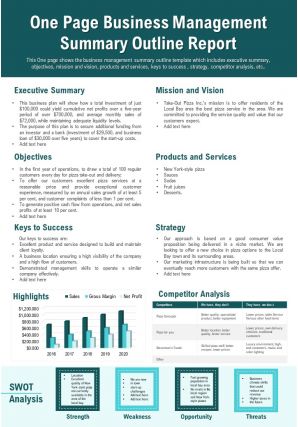 One page business management summary outline report presentation report infographic ppt pdf document