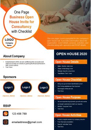 One page business open house invite for consultancy with checklist presentation report infographic ppt pdf document