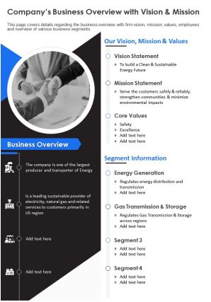One page business outline of a company with vision mission statements template 233 ppt pdf document
