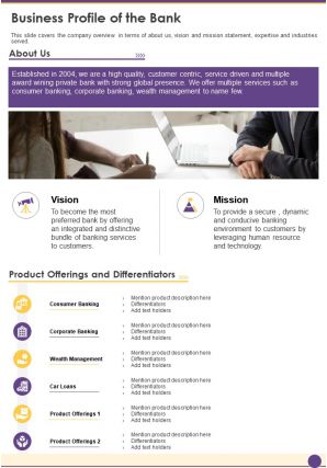 One page business profile of the bank presentation report infographic ppt pdf document
