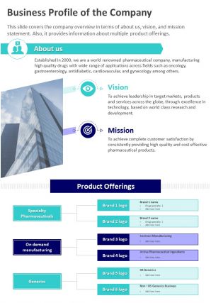 One page business profile of the company presentation report infographic ppt pdf document