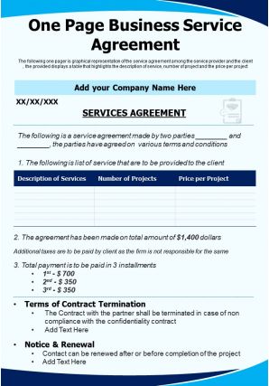 One page business service agreement presentation report infographic ppt pdf document