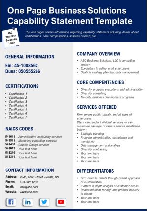 One page business solutions capability statement template presentation report infographic ppt pdf document
