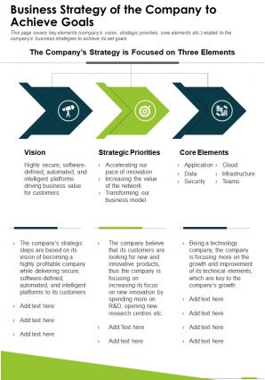 One page business strategy of the company to achieve goals report infographic ppt pdf document