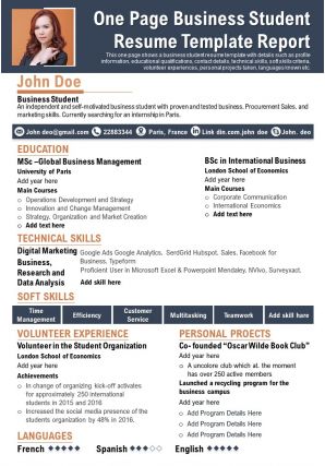 One page business student resume template report presentation report infographic ppt pdf document