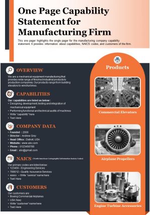 One page capability statement for manufacturing firm presentation report infographic ppt pdf document