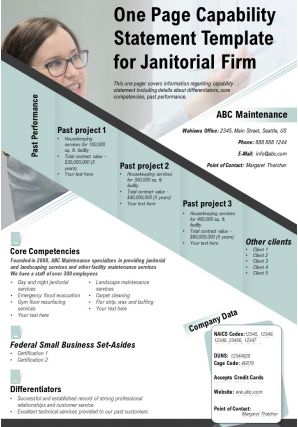 One page capability statement template for janitorial firm presentation report infographic ppt pdf document