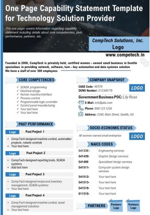 One page capability statement template for technology solution provider report infographic ppt pdf document