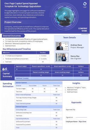One page capital spend approval template for technology upgradation report infographic ppt pdf document