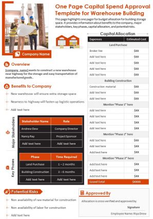 One page capital spend approval template for warehouse building presentation report infographic ppt pdf document