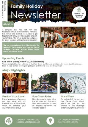 One Page Carnival Family Holiday Newsletter Presentation Report Infographic Ppt Pdf Document