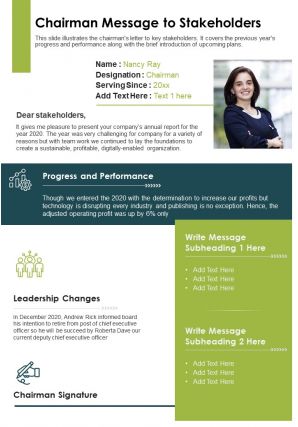 One page chairman message to stakeholders template 396 presentation report infographic ppt pdf document