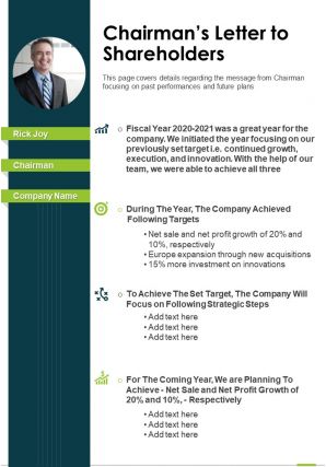 One page chairmans letter to shareholders presentation report infographic ppt pdf document