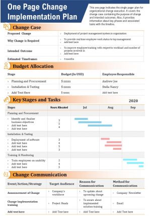 One page change implementation plan presentation report infographic ppt pdf document