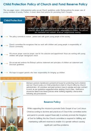 One page child protection policy of church and fund reserve policy presentation report infographic ppt pdf document