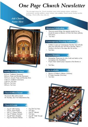 One page church newsletter presentation report infographic ppt pdf document