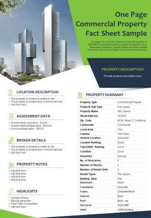 One page commercial property fact sheet sample presentation report infographic ppt pdf document