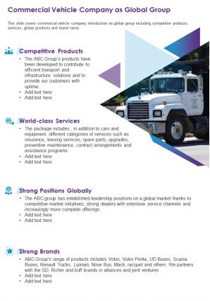 One page commercial vehicle company as global group template 178 presentation infographic ppt pdf document