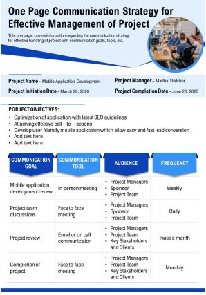 One page communication strategy for effective management of project report infographic ppt pdf document