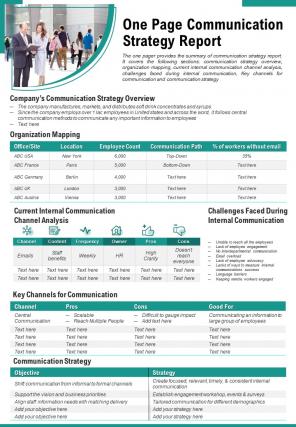One page communication strategy report presentation infographic ppt pdf document
