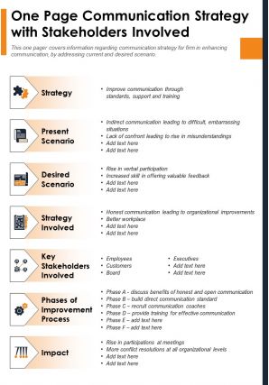 One page communication strategy with stakeholders involved presentation report infographic ppt pdf document